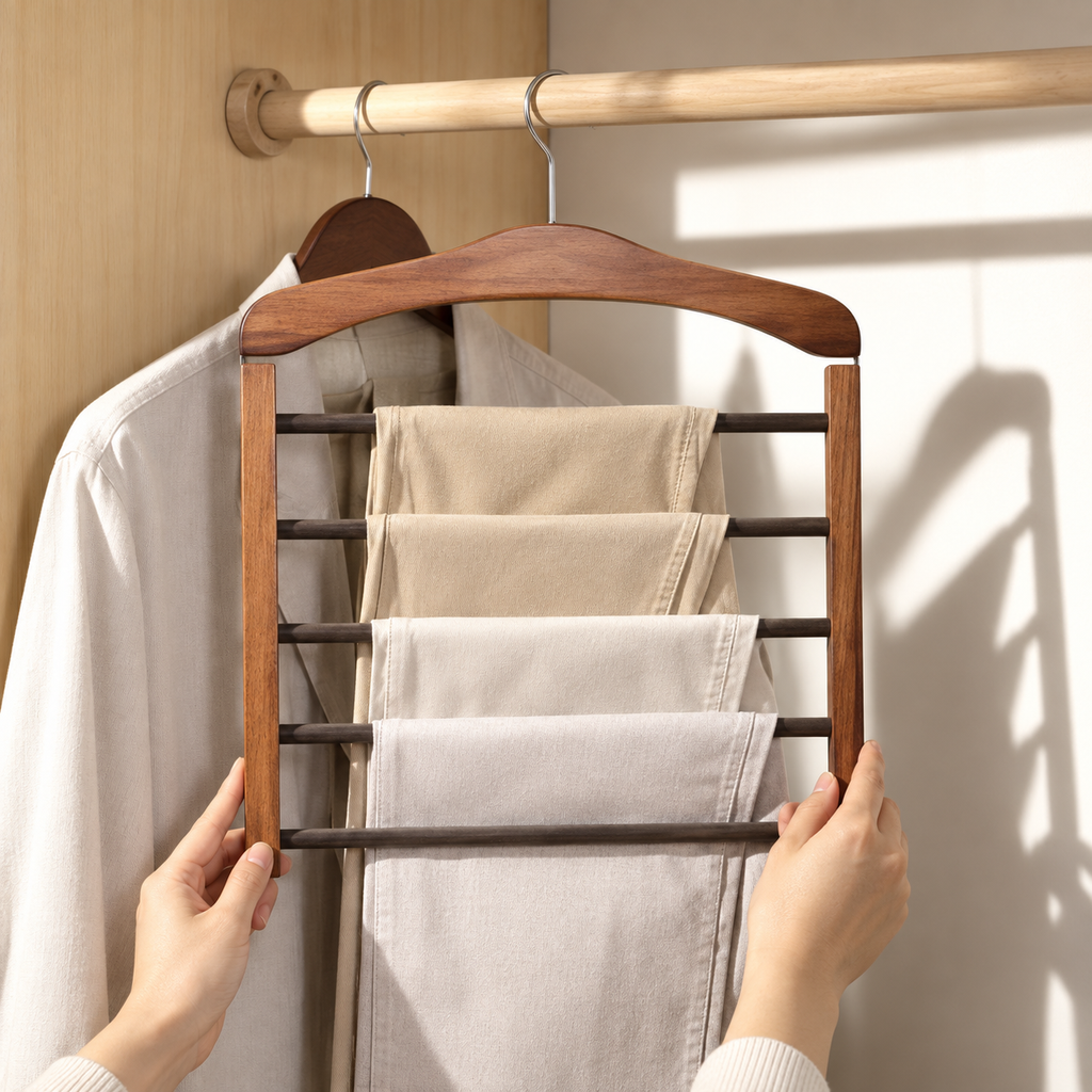 Percha multibarra de madera para pantalones